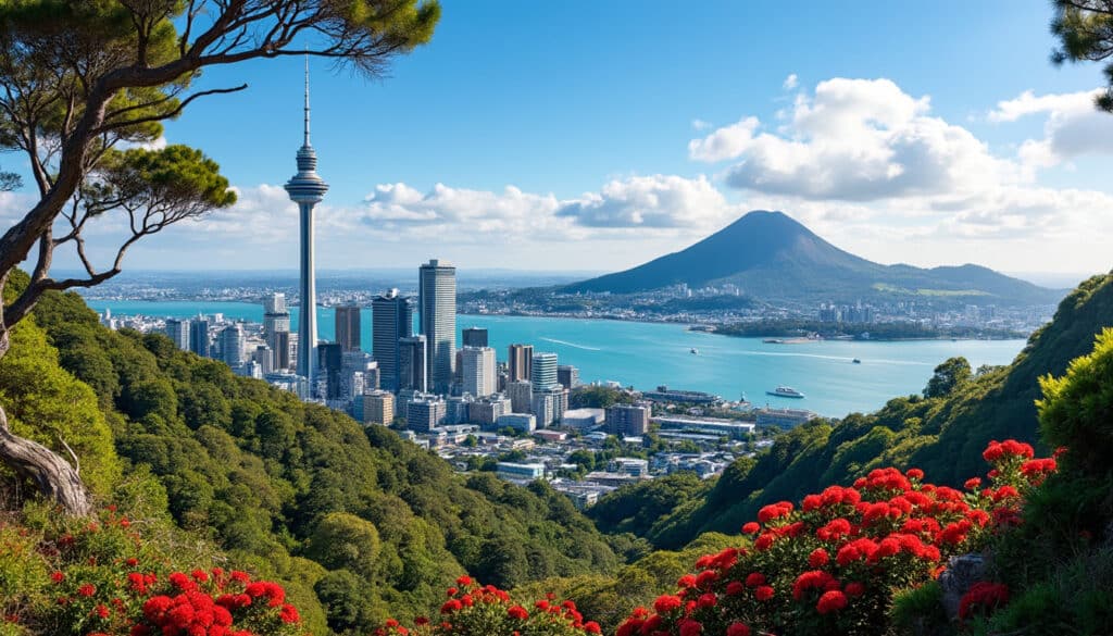 Stylised illustration of Auckland outdoor weekend scenery with urban and natural elements